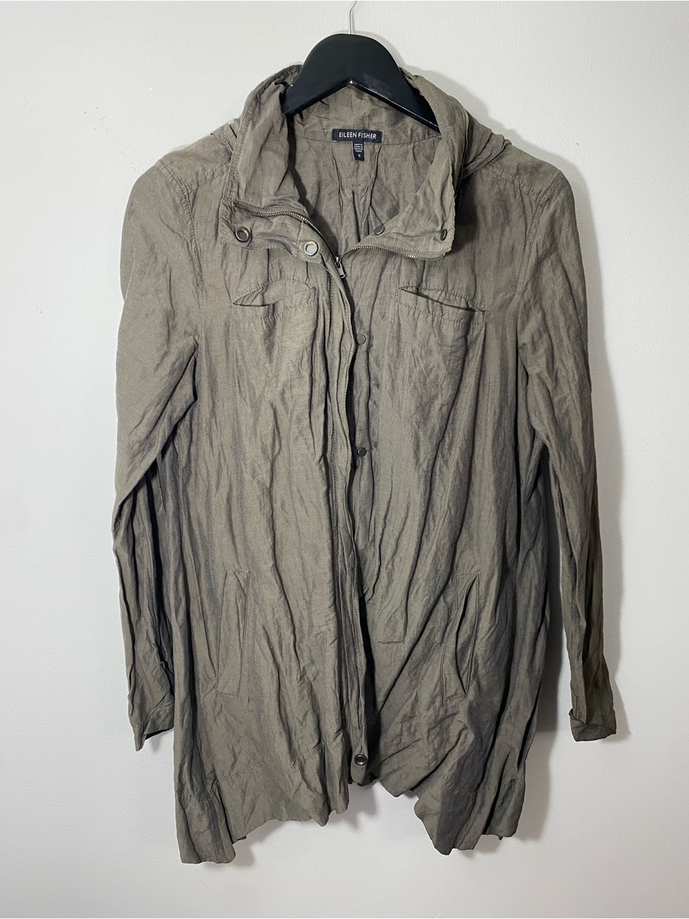 Eileen Fisher Olive Utility Jacket Cotton Nylon Metallic Blend Hood Small